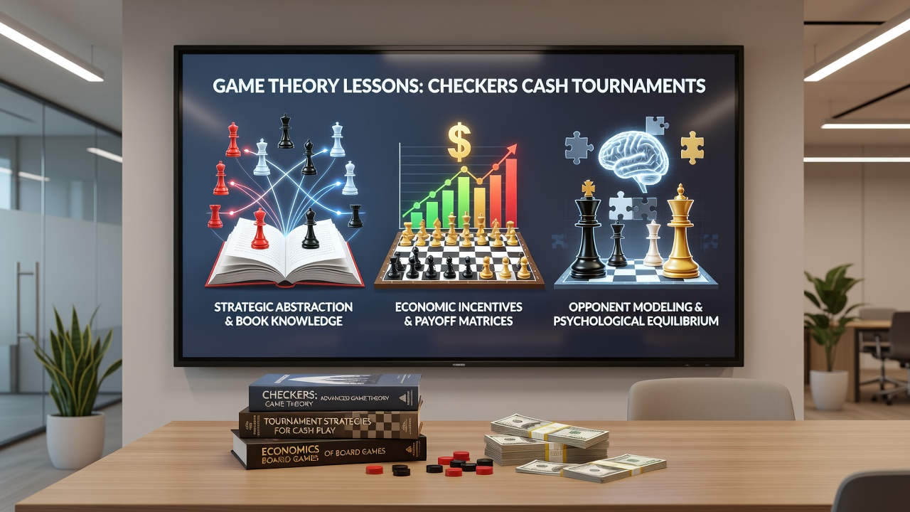 Players analyzing checkers positions during a cash tournament with score sheets visible
