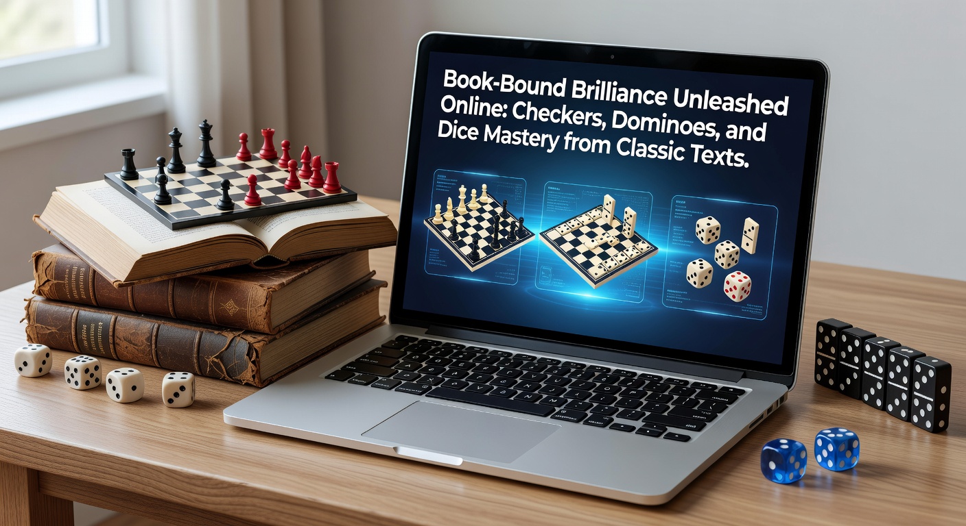 Vintage leather-bound book opened to checkers diagrams beside a glowing laptop screen showing an online dominoes match