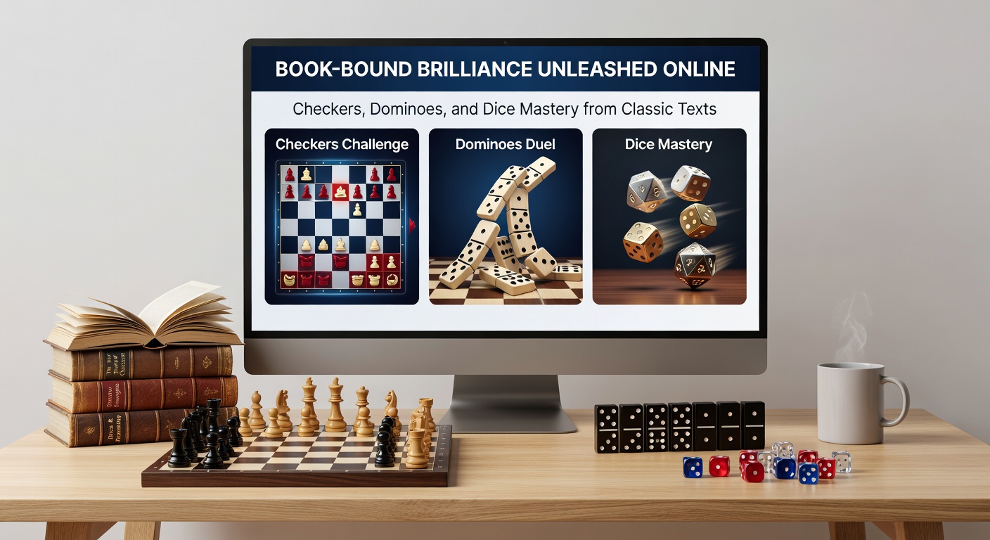 Stack of antique dice manuals with glowing online dice roller interface and scattered checkers pieces on a wooden table