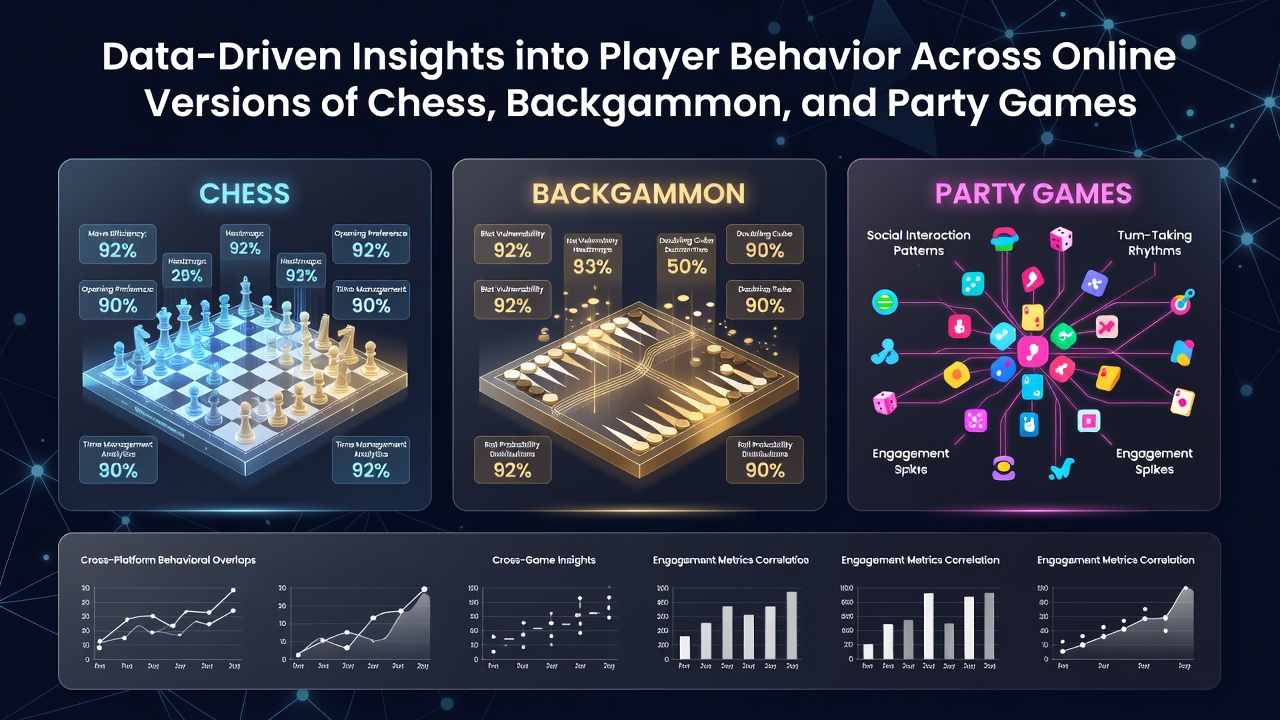 Analytics dashboard showing player engagement metrics across chess, backgammon, and party games platforms