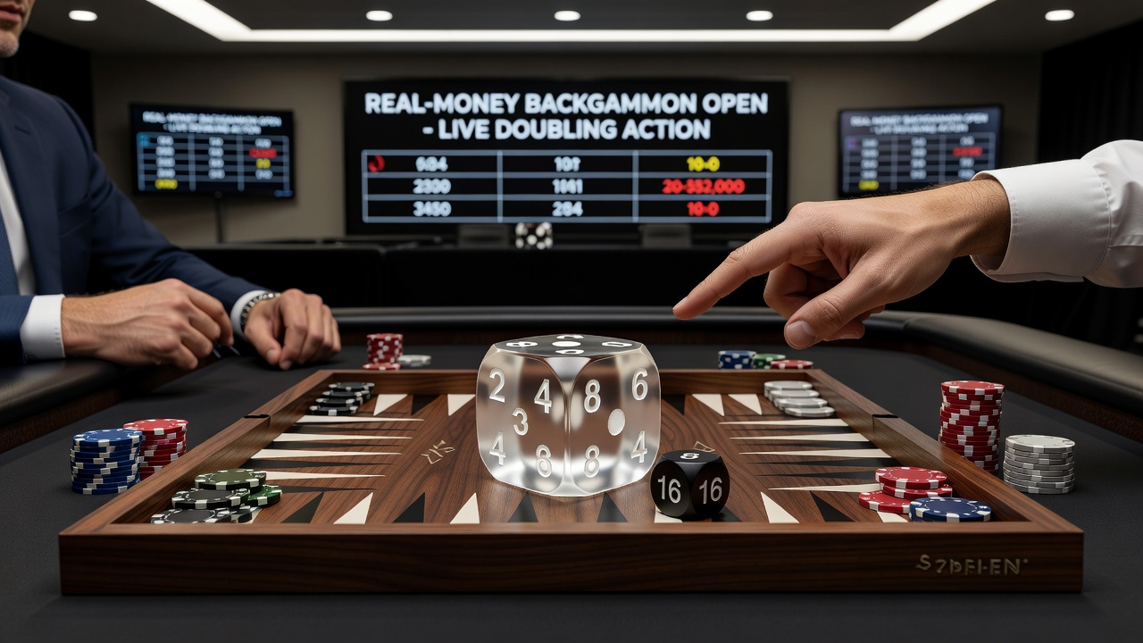 Backgammon board setup highlighting the doubling cube position during a competitive match