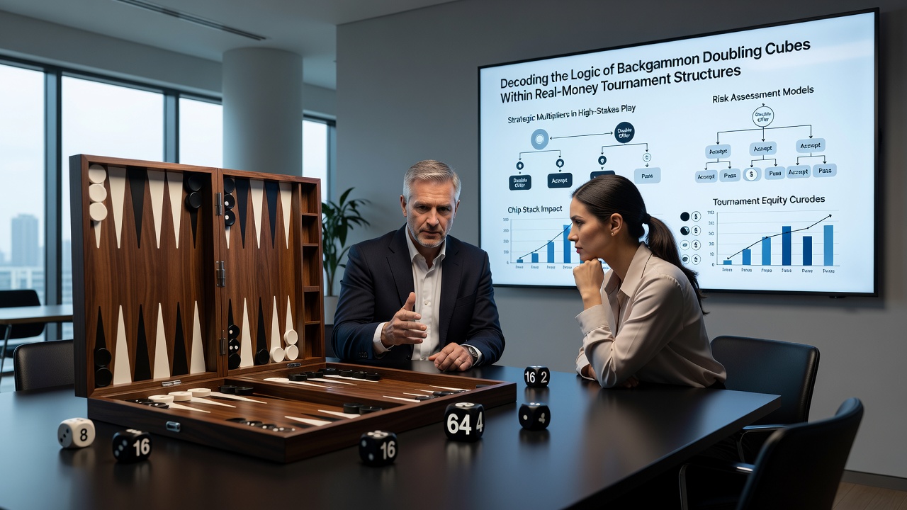 Players analyzing backgammon positions with doubling cube visible on the board edge