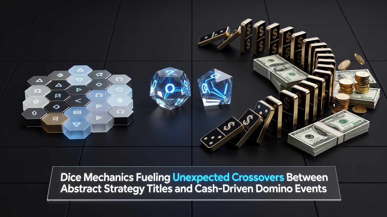 Dice rolls integrated into abstract strategy boards alongside domino tiles during competitive play sessions