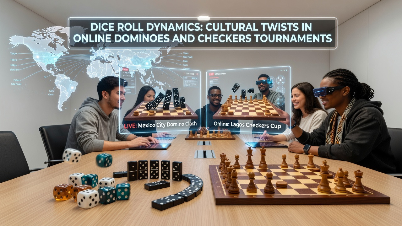 Diverse participants in a virtual checkers tournament showcasing cultural board themes