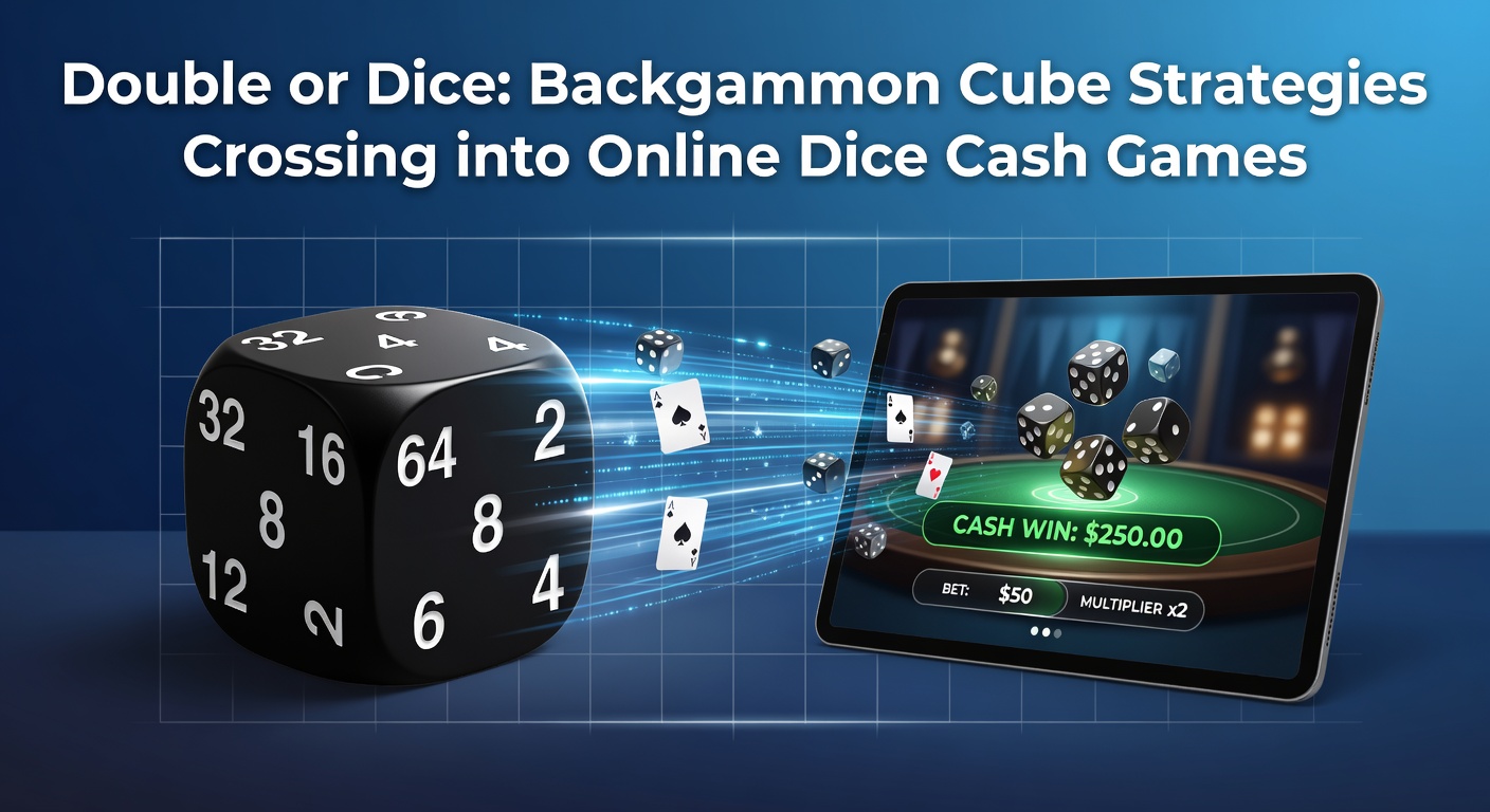 A digital backgammon board with doubling cube highlighted next to online dice rolling in a cash game interface