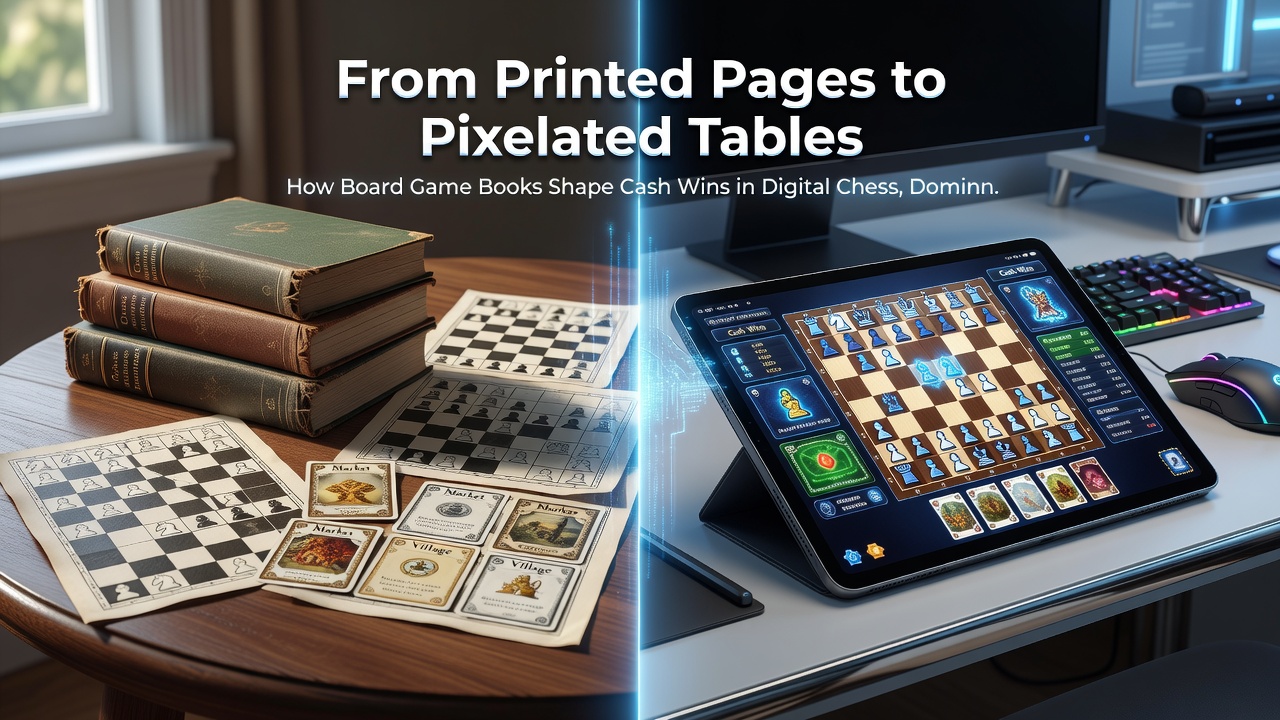 Players reviewing dominoes and backgammon strategy books while engaging in online cash matches