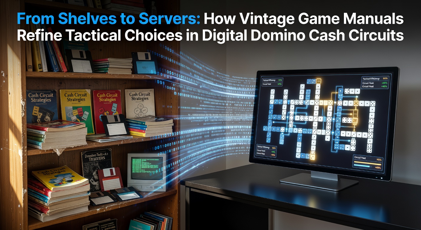 Vintage domino game manual open on a wooden table beside a modern laptop displaying an online domino cash game interface