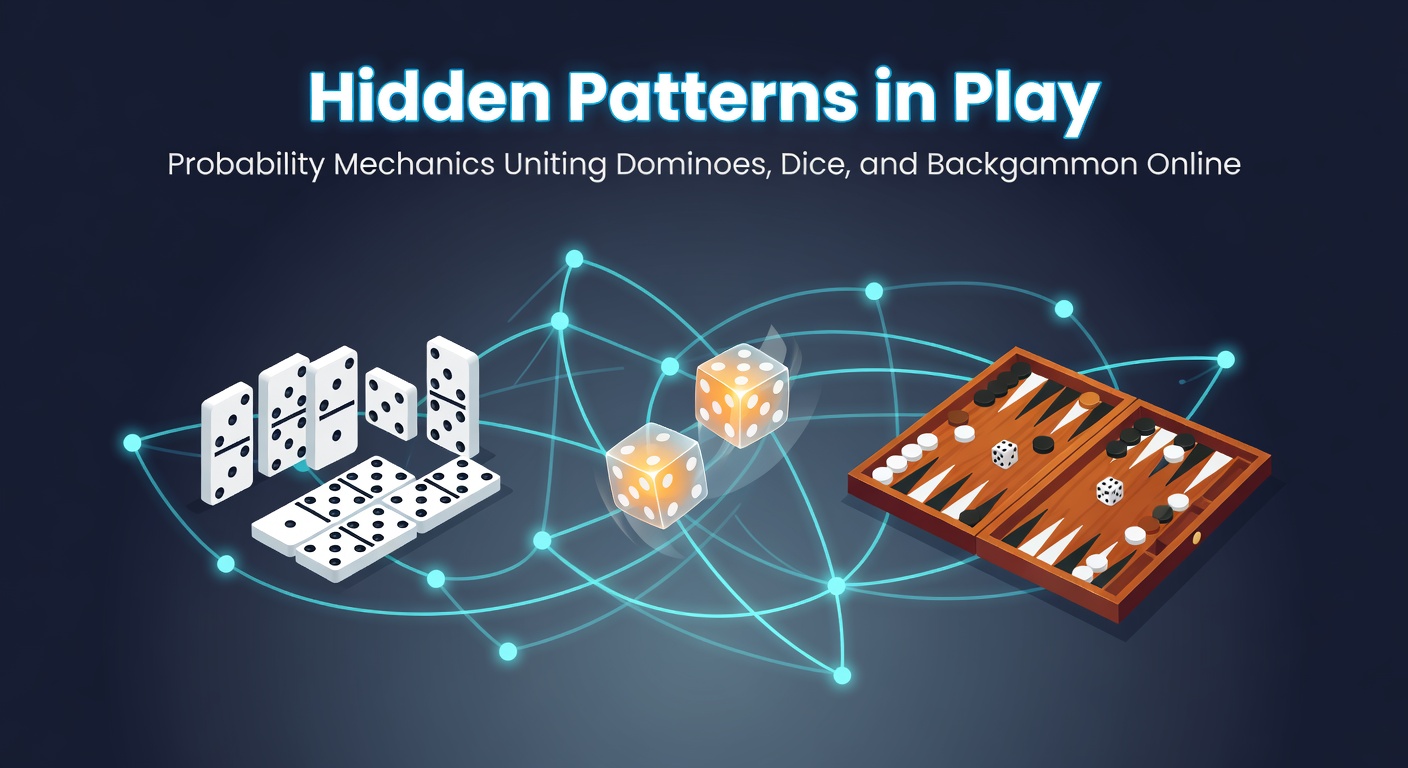 Intertwined dominoes, rolling dice, and a backgammon board glowing with probabilistic patterns and graphs overlayed on an online gaming interface