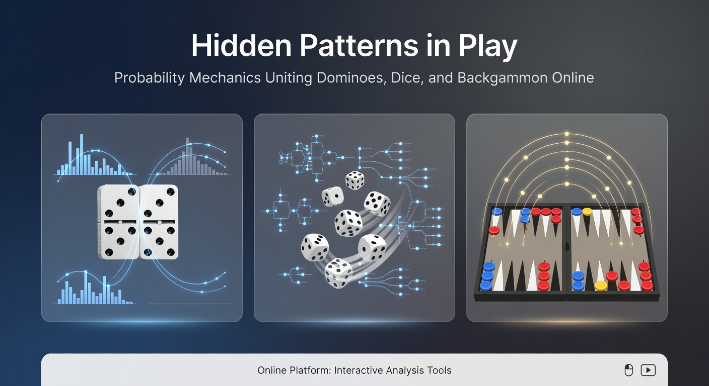 Close-up of dice rolling across a virtual backgammon board, with domino tiles and probability curves emerging from the paths