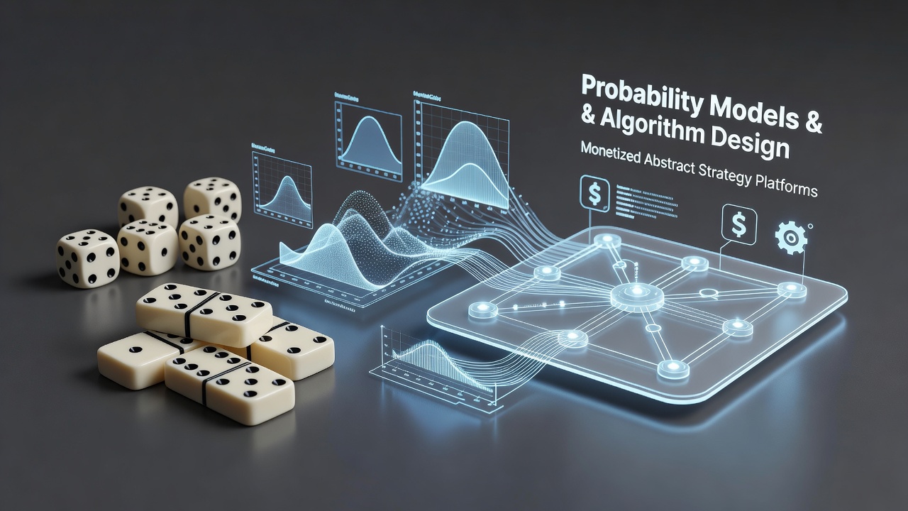 Traditional dice and domino sets arranged on a wooden table with probability charts overlaid, illustrating foundational math concepts