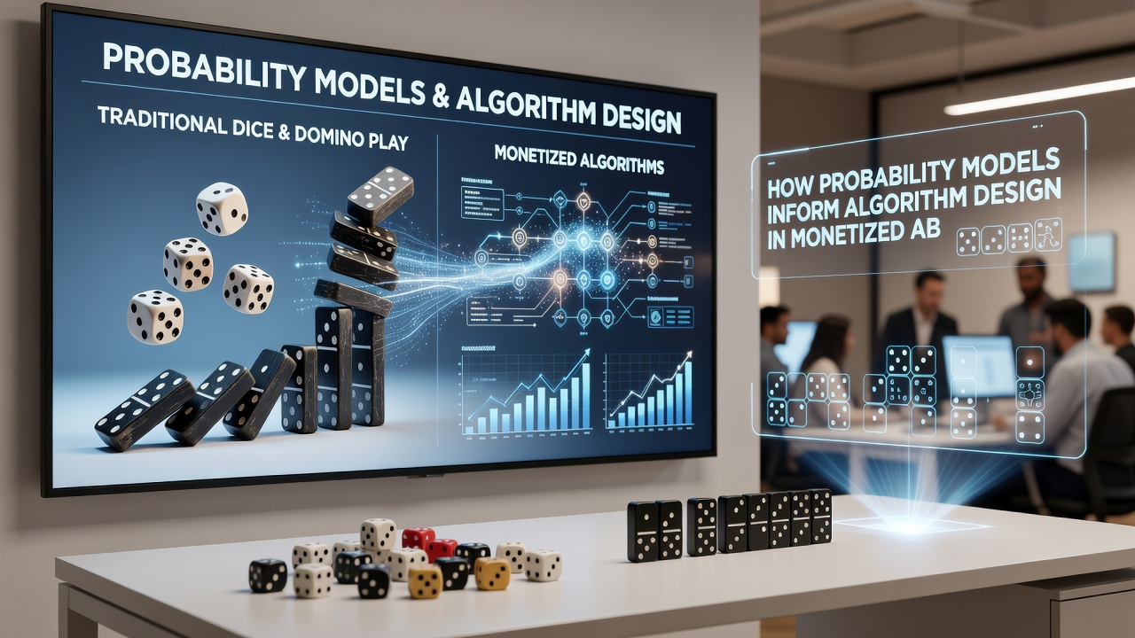 Digital interface showing algorithm flowchart mapping dice outcomes to online game mechanics with probability equations