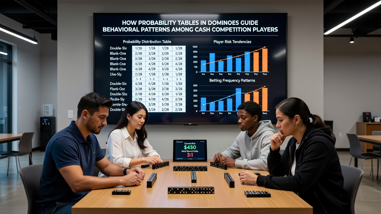 Players in an online dominoes cash game reviewing updated probability data mid-match