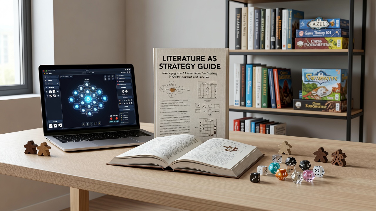 Open strategy book showing probability charts next to a tablet with an active dice game session