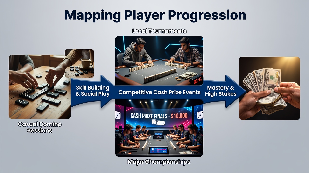 Competitive domino tournament scene with players focused on a large table and digital scoring displays