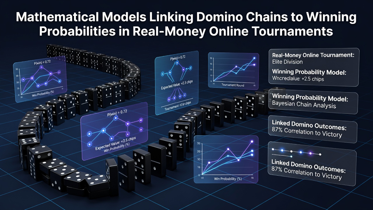 Mathematical diagram showing domino chain sequences and probability calculations for tournament outcomes