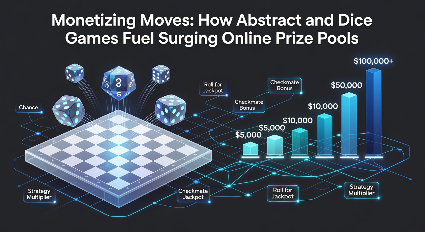 Online players competing in a high-stakes abstract strategy game tournament with digital dice rolling on screen, highlighting surging prize pools