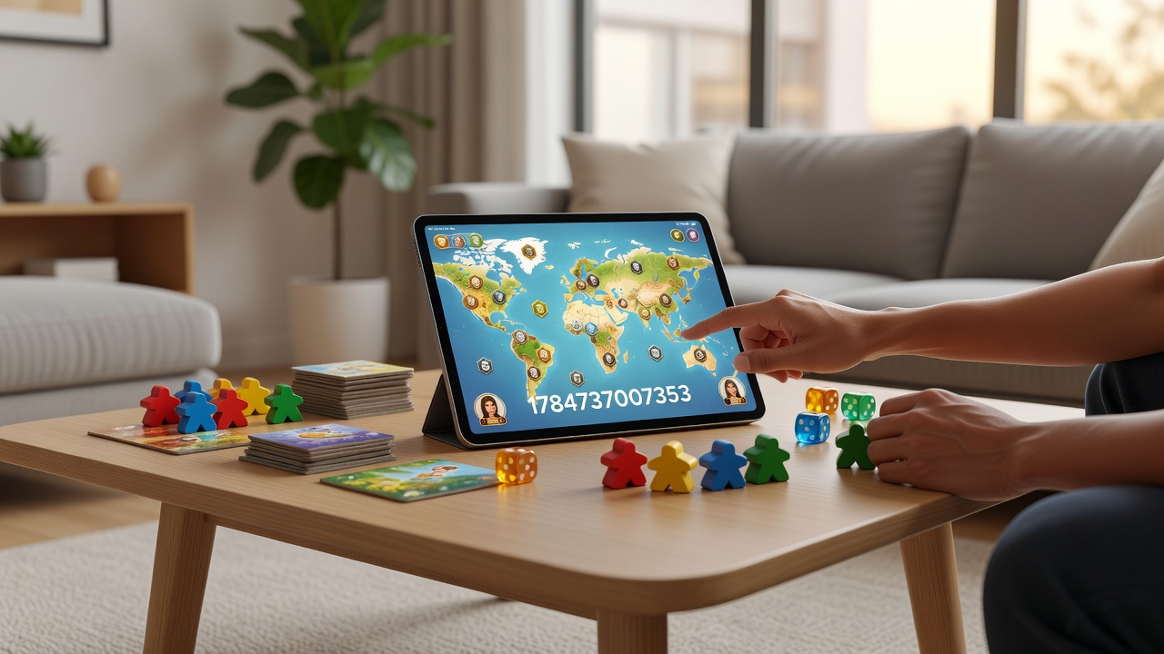 Players participating in online board game matches across different devices with real-time interface elements visible
