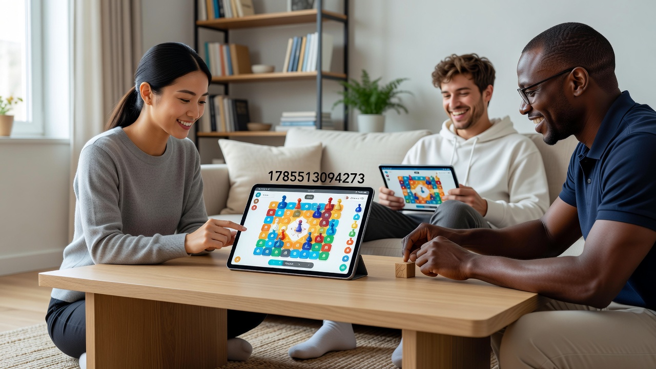 Group of friends playing online board games together in a living room with tablets and laptops displaying shared digital boards