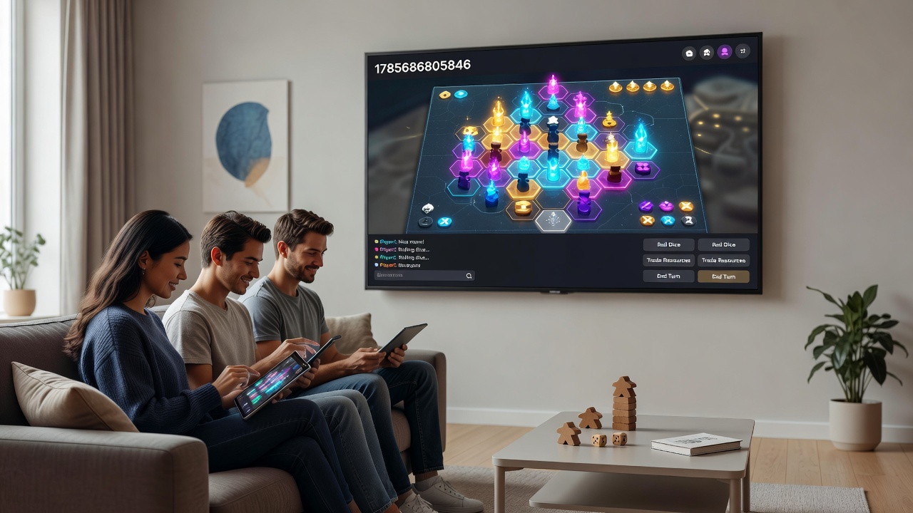 Multiplayer session interface displaying board game setup with chat features and player statistics visible