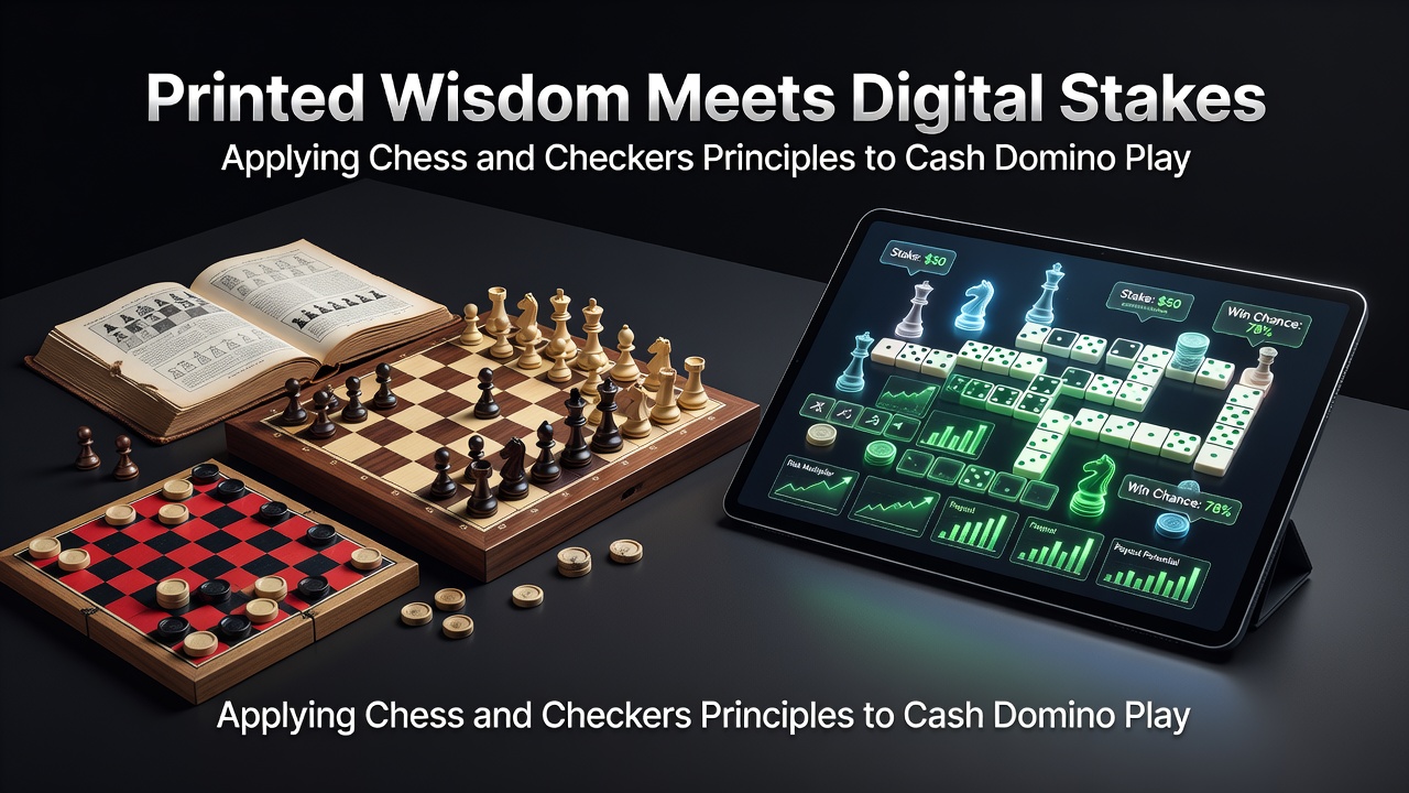 Chess pieces and dominoes arranged on a digital interface showing strategic overlap in gameplay