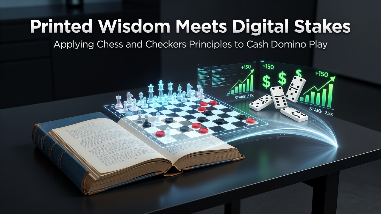 Digital domino table interface with overlaid chess and checkers strategy diagrams