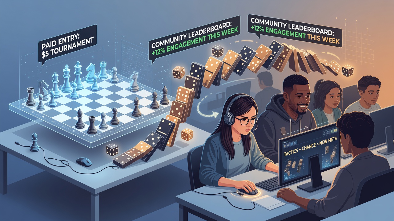 Players collaborating on hybrid chess and dice dominoes strategies in an online paid gaming environment