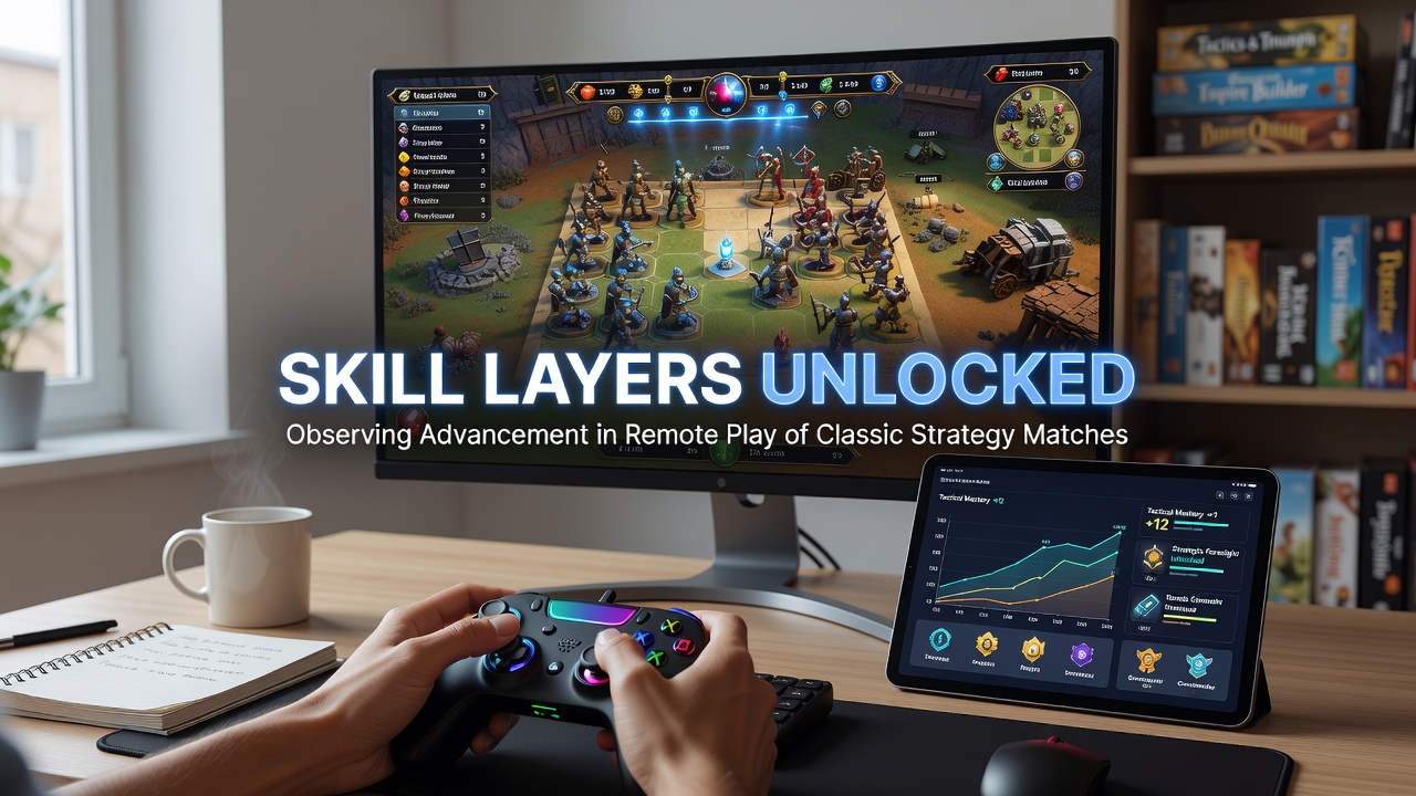 Players engaging in remote strategy matches on digital platforms showing skill progression interfaces