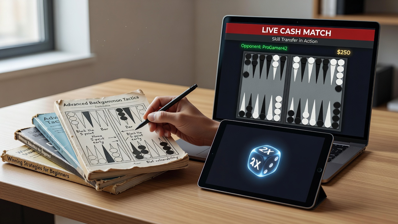 A printed backgammon strategy guide open on a table next to a laptop showing an online cash match interface