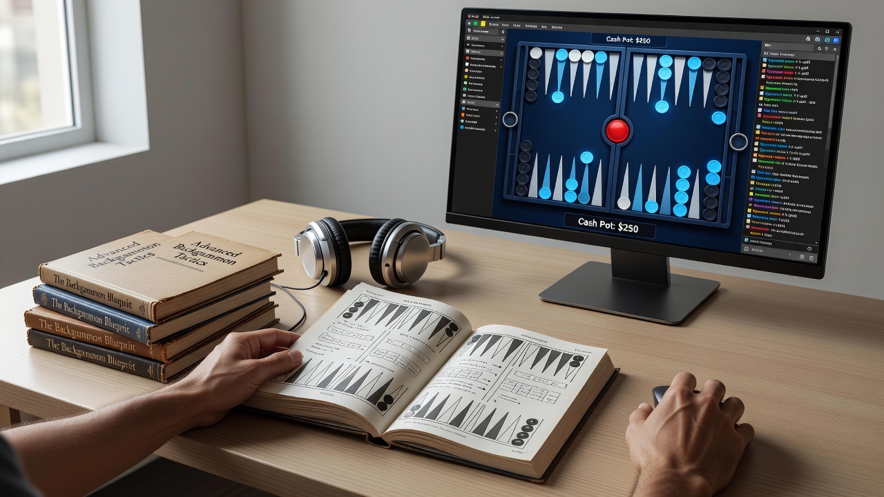 Close-up of a player reviewing backgammon positions on both a physical book and a digital screen during an online cash game session