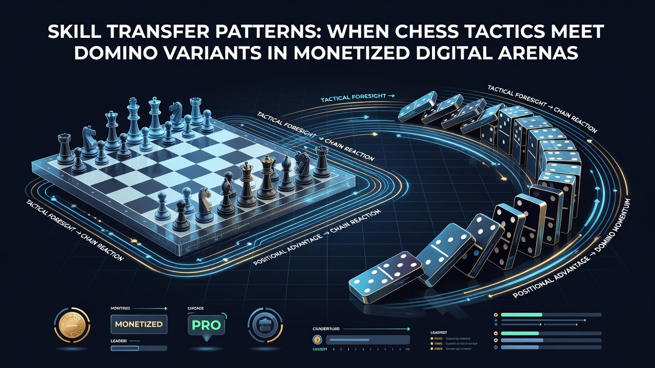 Players analyzing chess positions alongside domino layouts on digital monetized platforms