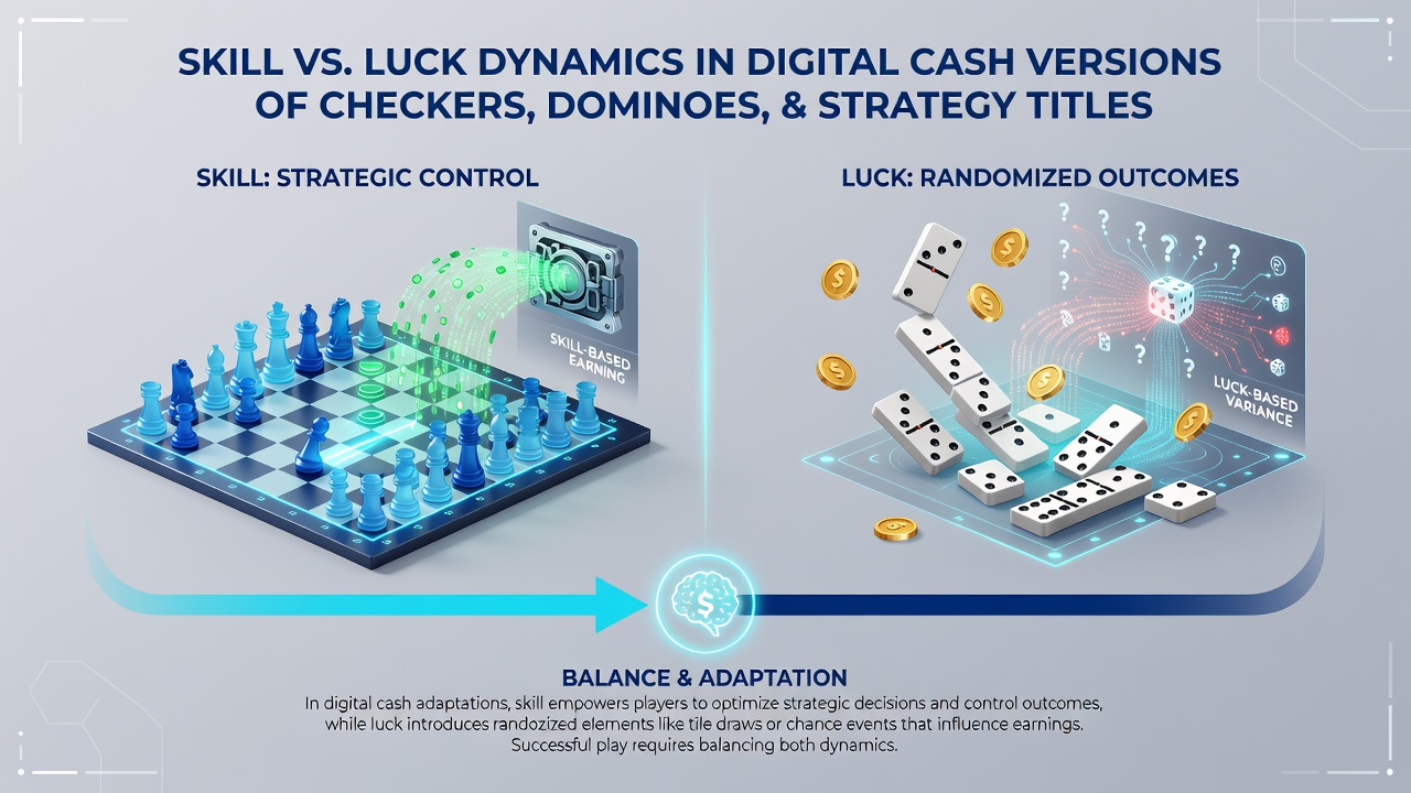 Side-by-side comparison of digital dominoes layout and checkers cash tournament screen with probability overlays