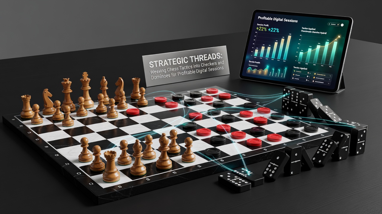 Chess pieces arranged strategically beside checkers and dominoes on a digital gaming interface