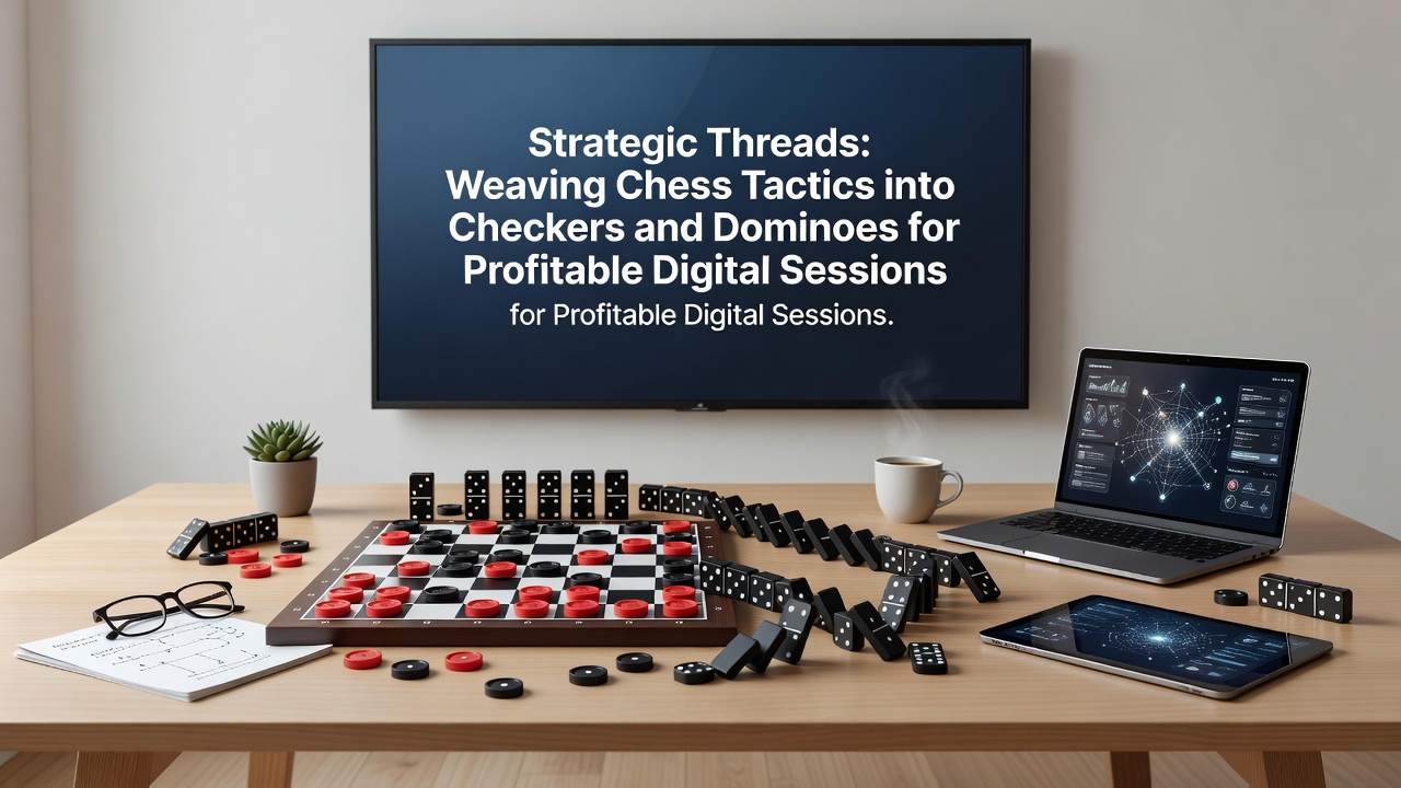 Digital interface showing interwoven chess, checkers, and dominoes gameplay elements during an online session