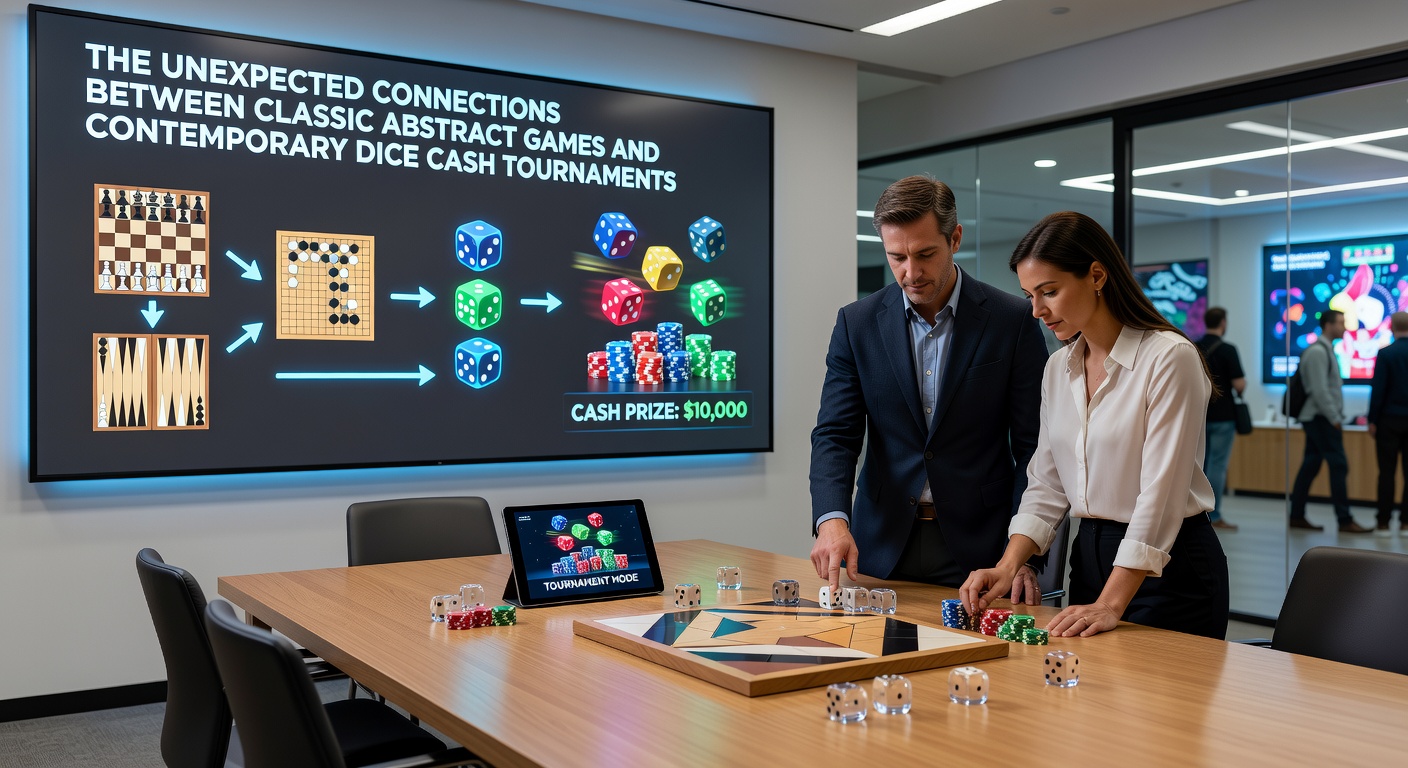 Players engaged in a dice tournament setting with strategic notes visible on nearby tables, illustrating real-world application of abstract tactics