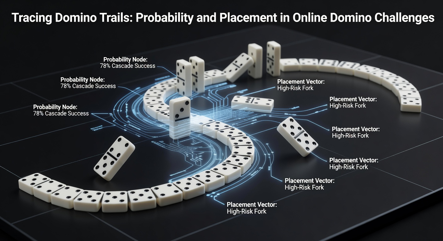 Digital illustration of a winding domino trail forming intricate patterns on a virtual board, highlighting probability calculations in mid-placement