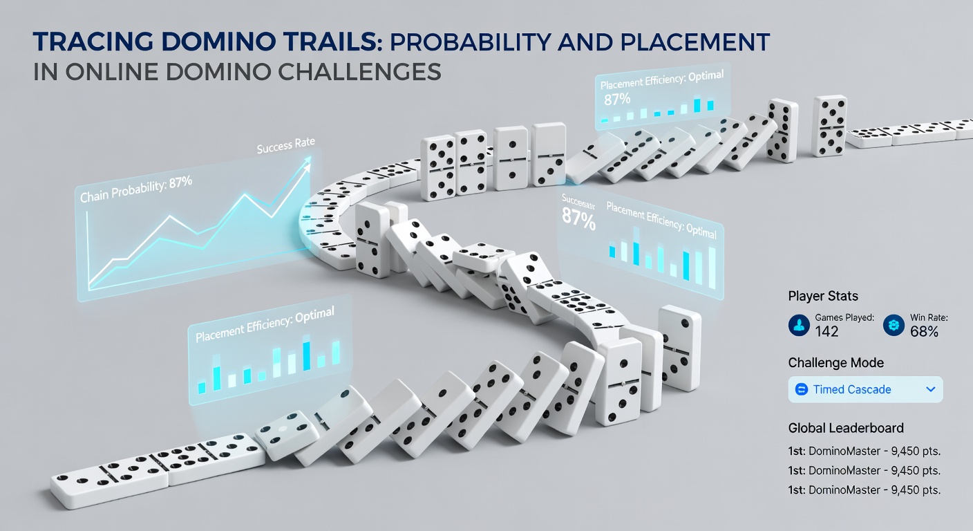 Close-up of an online domino interface showing a complex trail with probability overlays, multiple player trains branching out during a heated challenge