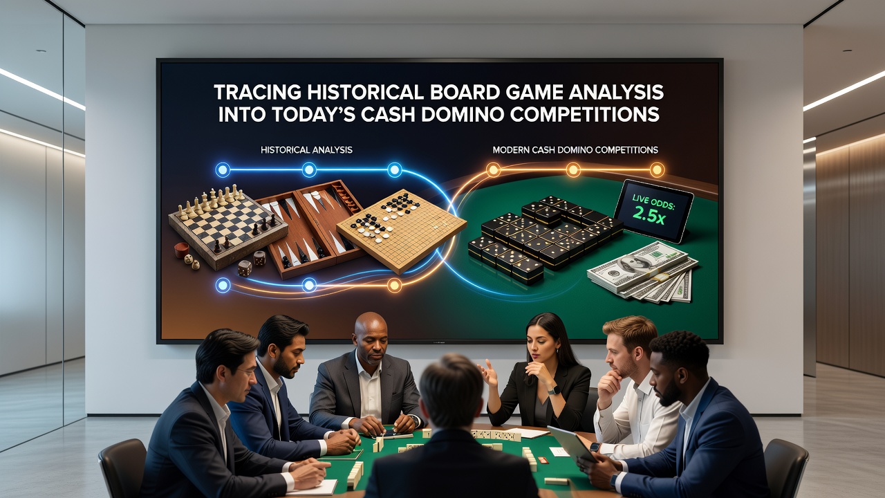 Historical domino tiles arranged on a wooden table with early strategy notes and modern digital interface overlays showing cash competition brackets